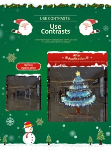 Detail view of blue Christmas tree window sticker showing before and after application