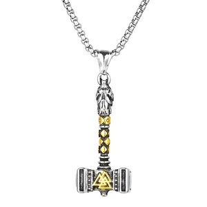 Vintage Mjolnir pendant in silver and gold steel with viking wolf head chain connector