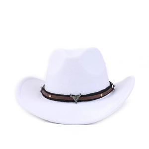 Close-up of white felt cowboy hat with leather band and metal bull skull ornament