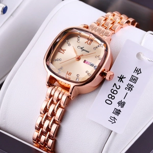 Elegant rose gold square quartz watch for women with Roman numerals and day-date display
