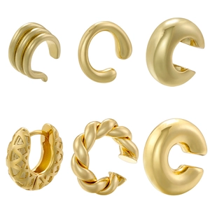 Vintage C Shaped Hoop Earrings For Women 18K Gold Plated Brass Multi Layer Hammered Twisted Geometric Ear Cuffs Jewelry