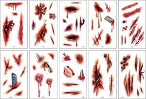 Detailed grid of ten waterproof temporary tattoo stickers showing realistic wound and scar designs