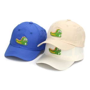 Kids quick-dry baseball caps with cute cartoon dinosaur dragon patch in blue, beige and white