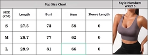 Size chart for seamless sports yoga bra showing length, bust, and hem measurements