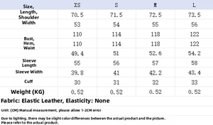 Detailed size guide table for loose fit jacket showing length bust and sleeve measurements