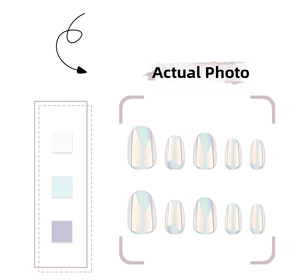Macro view of 10 pieces round oval press-on nails with iridescent pearlescent finish