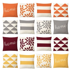 Detailed grid of 16 decorative pillow covers with varied geometric and leaf patterns
