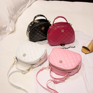 Quilted Rhombus Shoulder Crossbody Bag PU Leather Semi Circular Shell Handbag With Golden Flower Buckle For Women