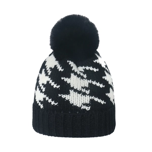 Adults Winter Warm Knit Hat Black White Houndstooth Beanie With Large Pom-pom Acrylic Casual Outdoor Fashion Windproof Cap