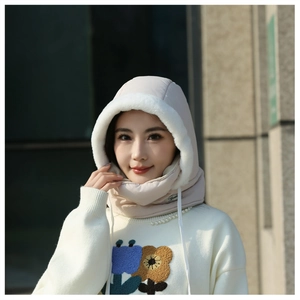 Detail shot of beige winter hooded neck gaiter with plush lining and drawstring
