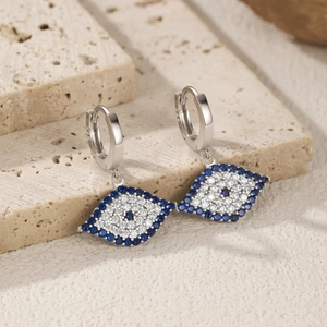 Elegant S925 sterling silver evil eye drop earrings with blue and white zirconia stones