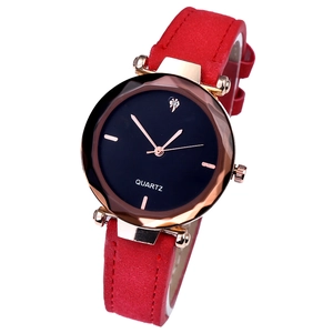 Elegant women's quartz watch with red frosted leather strap and rose gold faceted case