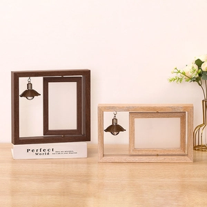 Rotating wooden double-sided 6-inch photo frame with built-in lamp and minimalist style