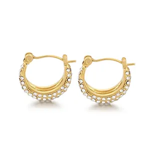 French vintage U-shaped gold hoop earrings with sparkling pavé crystals for women