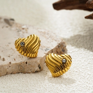 18K gold plated heart stud earrings with textured ripple surface and sparkling crystals