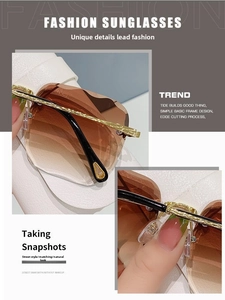 Detail of rimless sunglasses featuring diamond-cut gradient lenses and gold metal hinges