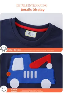 Détail du t-shirt bleu marine pour garçon avec applique de camion et col côtelé rouge