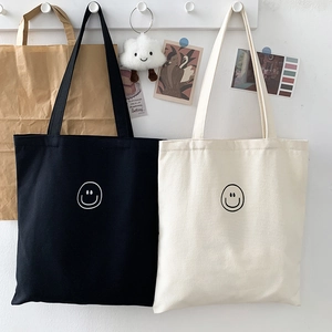Minimalist Canvas Tote Bag Large Capacity Smile Face Print Zipper Casual Shoulder Handbag For Women Student