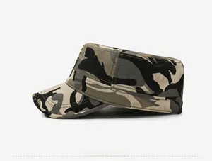 Side view of a camouflage military flat top cap showing durable cotton canvas texture