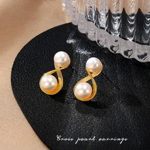 Cross Artificial Pearl Stud Earrings With 925 Sterling Silver Earring Post Infinity Design Elegant Fashion Jewelry For Women