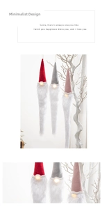Close-up of lighted nose and long faux fur texture on hanging Christmas gnome decorations