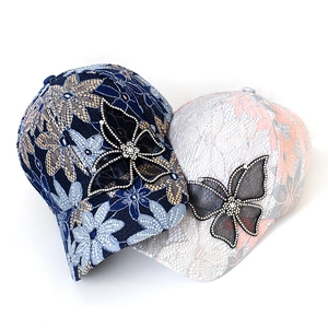 Lace flower baseball caps with rhinestone butterfly decor in navy and white color
