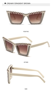 Detailed views of creamy oversized sunglasses with pearl and rhinestone accents