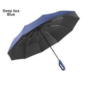 Detail view of deep sea blue long umbrella with C-shaped handle and sun protection coating