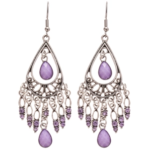Vintage bohemian drop earrings with purple rhinestones and silver tassels in geometric design