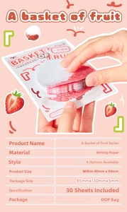 Detail showing the specifications and 30-sheet fruit-shaped sticky note pack