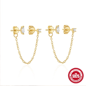 S925 Sterling Silver Double Piercing Chain Earrings For Women Minimalist Zirconia Tassel Drop Earrings Jewelry Gift
