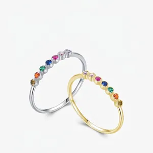 Bague En Zircone Cubique Arc-en-Ciel Argent Sterling 925 Anneau Mince Bijoux De Mode Pour Femmes