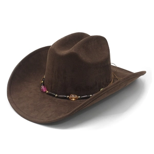 Chapeau de cowboy marron foncé en suédine avec garniture perlée style ethnique