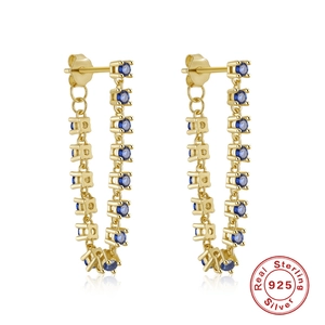 Classic 925 sterling silver chain earrings with blue crystals in gold plating