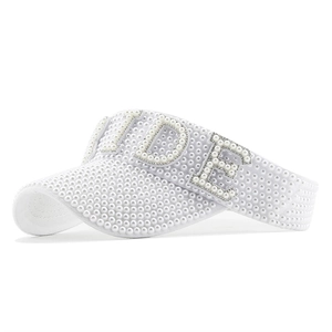 White bridal sun visor hat with pearl BRIDE lettering for summer outdoor weddings