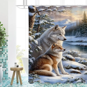 Detail of waterproof bath curtain featuring dual wolves in a snowy pine forest design