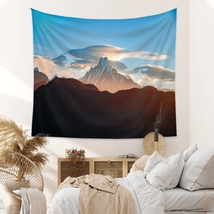 Bohemian tapestry featuring sunrise snow mountain landscape for bedroom wall decor