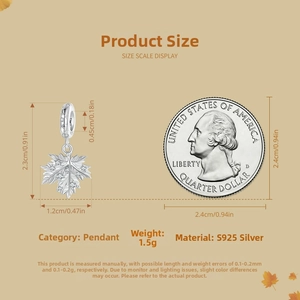 Spécifications de taille du pendentif feuille d'érable en argent S925 avec comparaison de pièces