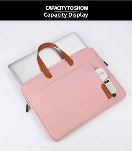 Roze 14 inch laptoptas met opbergruimte voor muis en telefoon met lederen handvat