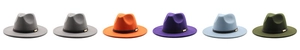 Detail view of wool jazz fedora hats showing multiple color options and wide brim design