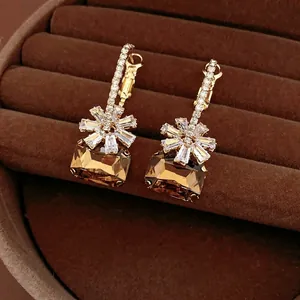 18k gold plated vintage floral square earrings with champagne cubic zirconia stones