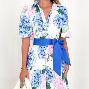 Floral A-line dress with hydrangea print, V-neck, puff sleeves, and blue waist tie