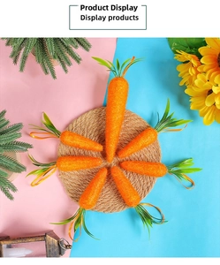 Macro view of seven artificial Easter carrots with fiber texture on a jute mat