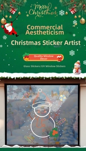 Détail de stickers de Noël UV avec bonhomme de neige et bonbons sur surface vitrée