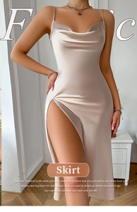 Detailed view of the champagne satin slip dress featuring cowl neck and high side slit