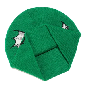 Close-up of green knitted beanie showing wings graphic and soft textured fabric detail