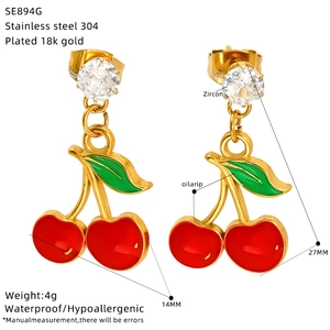 Detail view of cherry earrings with zircon and dimensions in stainless steel