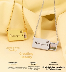 Detail of custom envelope locket necklace with magnetic closure and sliding photo feature