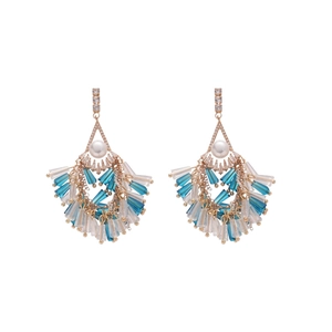 Elegant gold earrings with pearls, blue crystal tassels and sparkling zircon stones