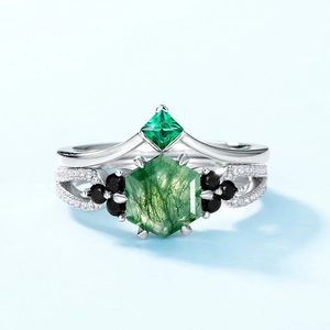 Geometric moss agate stacking rings in S925 silver with hexagon stone and black spinel accents